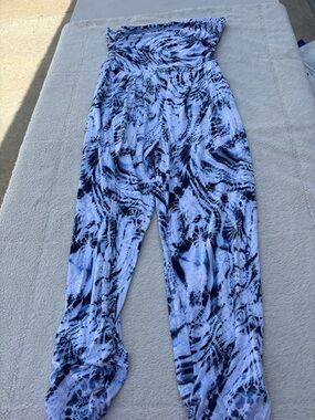 Strapless Tie-Dye Palazzo Jumpsuit in Light Blue & Black